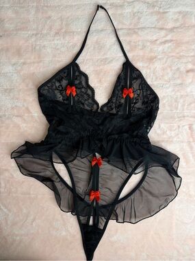 Black Lace Halter Teddy Chemise with Red Bow Accents